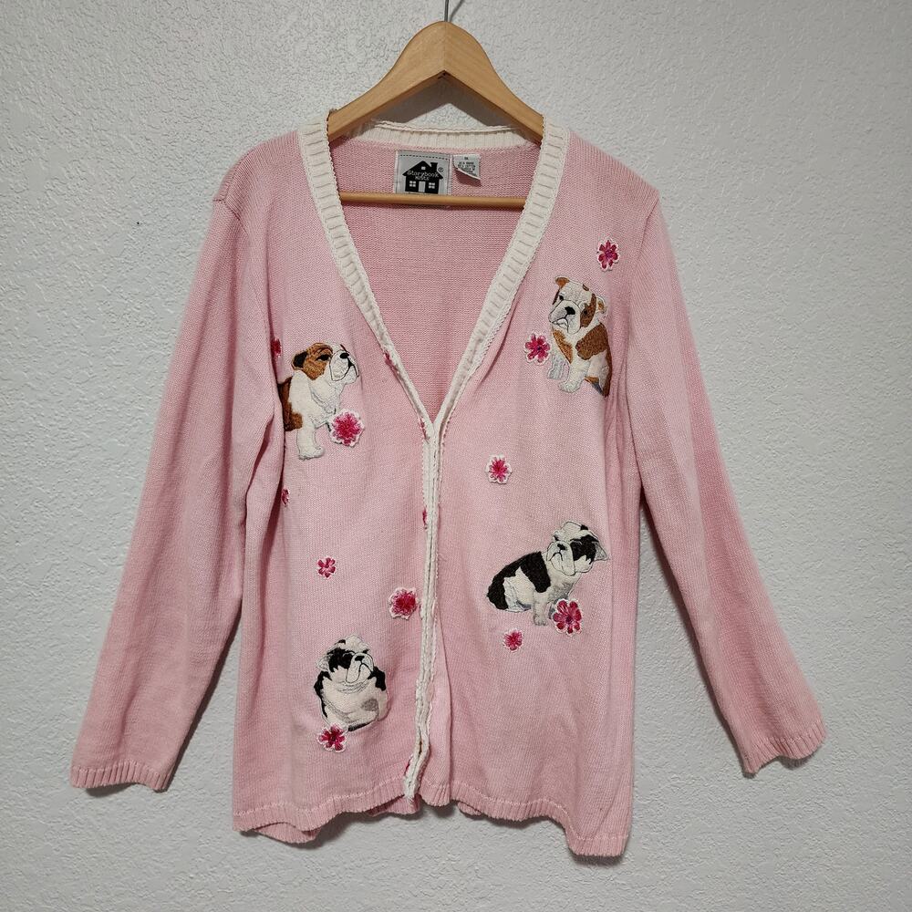 Storybook Knits Vintage Pink English Bulldog Embroidered Cardigan Sweater 1X